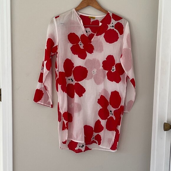 Roberta Roller Rabbit Tunic Red Floral Print Semi Sheer size 14 - Picture 1 of 7